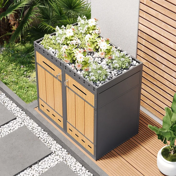 Mülltonnenbox, Mülltonnenunterstand mit Hochbeet, 120L 240L, wetterfest, Container, Abfallbehälter, Tonnenhaus, Gartenbox, abschließbare Müllbox (2 Tonnen) – Bild 3