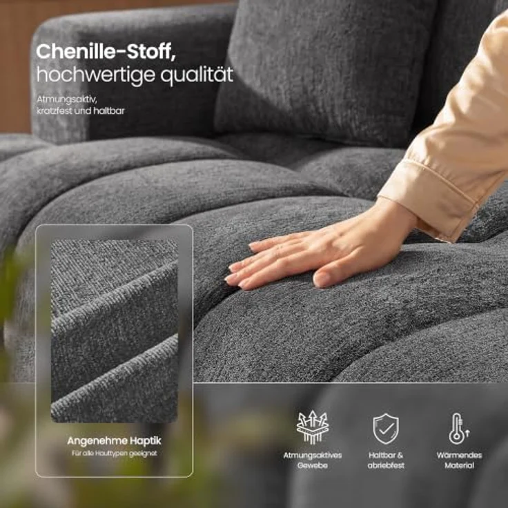 VASAGLE Modulares Sofa, 6-Sizer, Schlafsofa, Rahmenlos, Chenille | Couch, 157 x 306 x 85 cm, für Wohnzimmer, grau, CAMILA Kollektion LCS168G101-02 – Bild 7