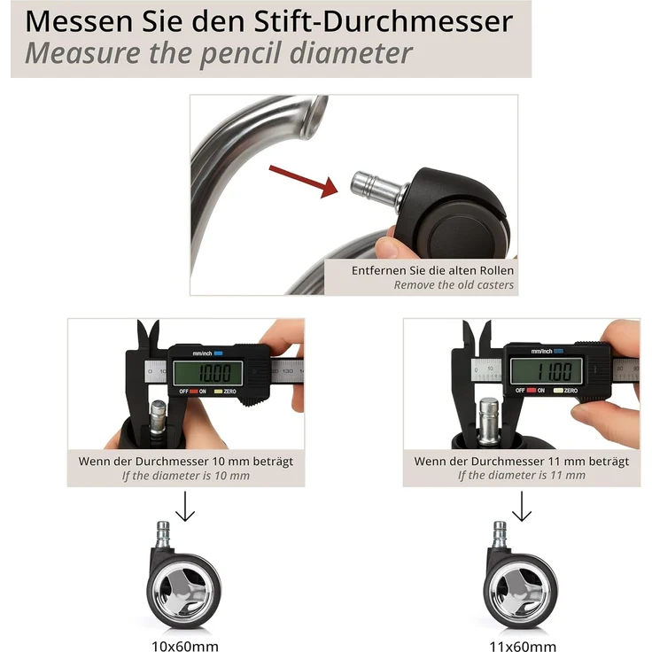 hjh OFFICE 619035 5x Hartbodenrollen 11mm / 60mm ROLO GAME No-Noise Gaming Stuhlrollen für harte Böden, Schwarz/Chrom – Bild 2