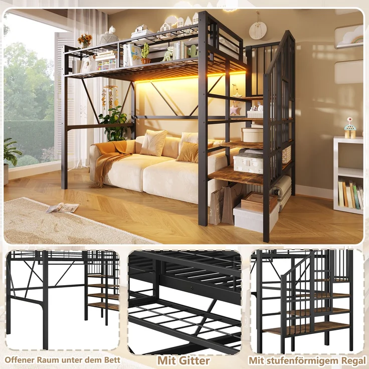 U-life Hochbett 90x200 cm, Stufen-Ablageregal, Gitterelemente, Aufbewahrungskorb, Offener, Metall, Schwarz – Bild 6