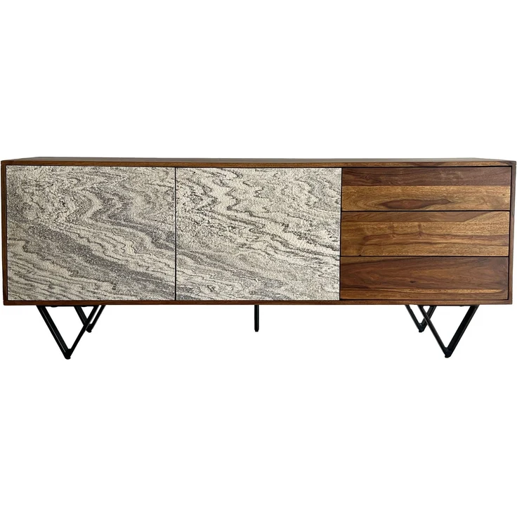 FineBuy Sideboard Sheesham Massivholz 175 cm 2 Türen & 3 Schubladen - Massive Retro Kommode Steinoptik - Design Natur Anrichte - Handmade Industrial – Bild 6