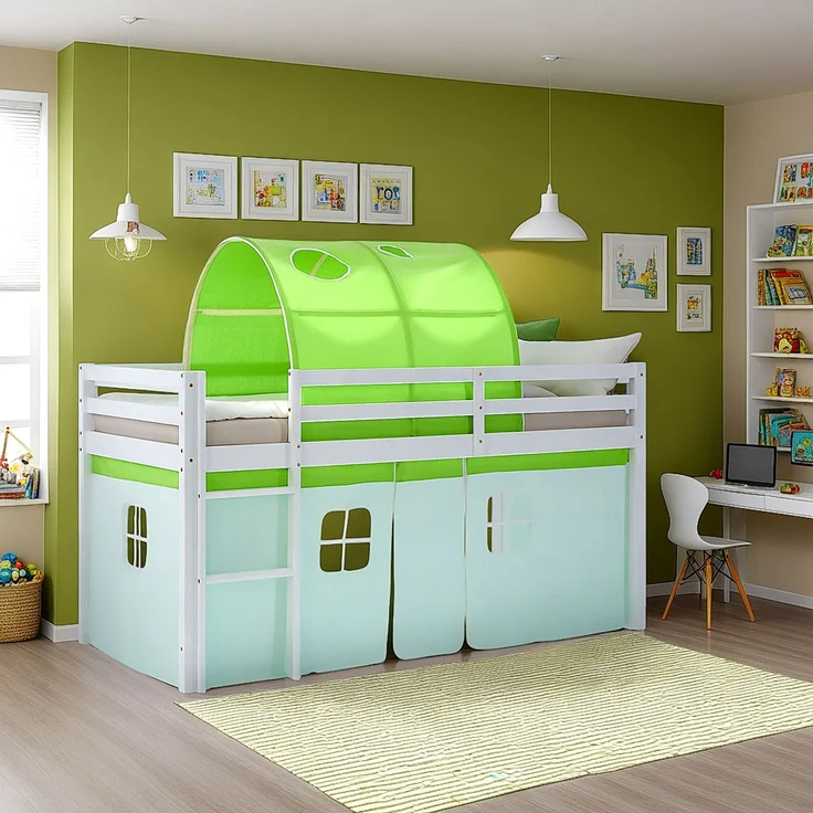 Hochbett Kinder 90x200 cm mit Matratze Kinderbett Kinderhochbett Stockbett Tunnel Vorhang Grün Holz Massiv Lattenrost – Bild 2