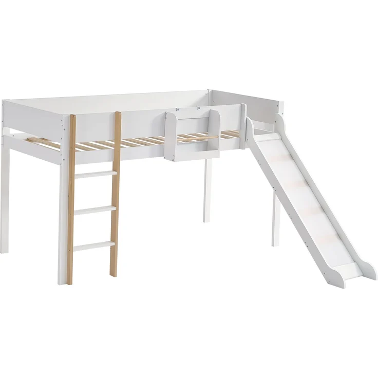 Hochbett Kinderbett 90x200 mit Rutsche, Leiter und Regal, aus Kiefer MDF, Etagenbett Jugendbett, weiß-natur – Bild 6