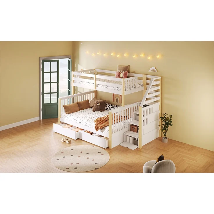 Merax Etagenbett, Hochbett, 90 x 200cm & 140 x 200cm mit Schubladen, Stauraum, ohne Matratze, multifunktional, Weiß+Natur – Bild 6