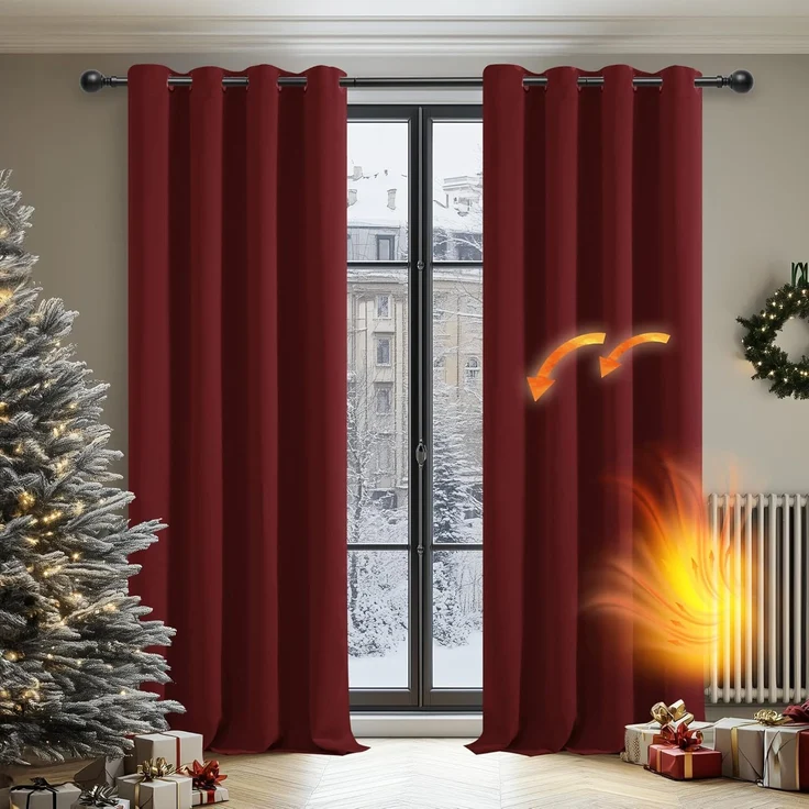 Deconovo Gardinen Verdunkelungsvorhang Ösen Gardine gegen Kälte Wohnzimmer Warm Vorhang Blickdicht, 160x132 cm(HöhexBreite), Rot, 2er Set – Bild 2