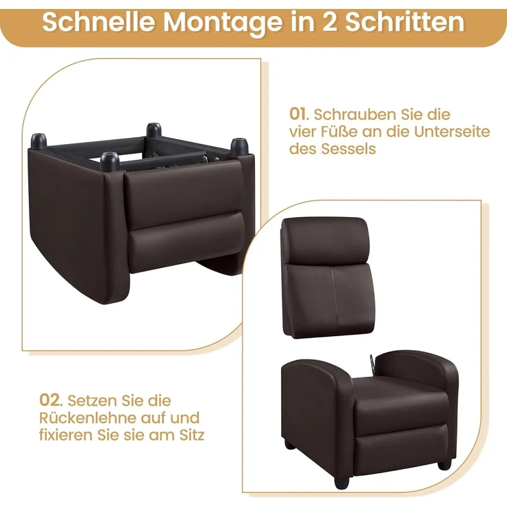 Yaheetech Relaxsessel Fernsehsessel Ruhesessel Liegesessel mit Liege-Funktion Polstersessel Kunstleder verstellbar Einzelliegesessel Wohnzimmer Schlafzimmer Heimkino Braun – Bild 6