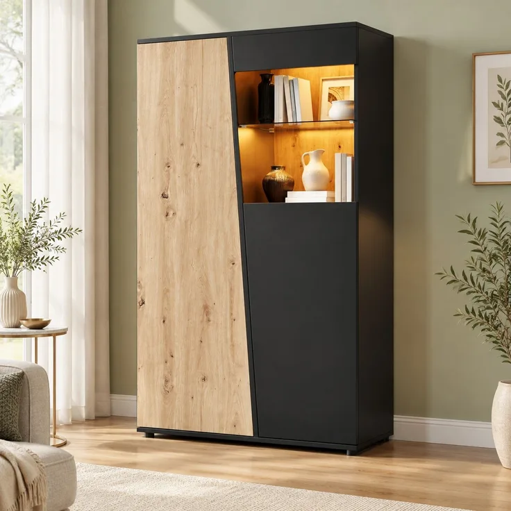 Vitrinenschrank 80x35x139,5 cm mit Bluetooth-LED, 9 Fächern und Glaseinlegeboden
