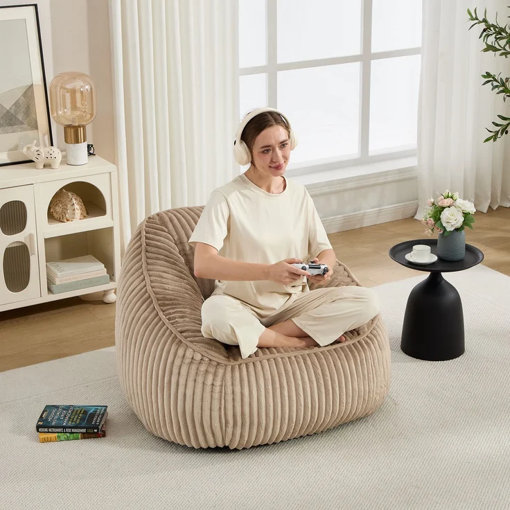 Bean Bag Stuhl mit Memory-Schaumstofffüllung, gestreifter Blasen-Plüsch, flauschig, gemütlich, gemütlicher Sofa für Wohnzimmer, Wohnungen und Schlafsäle--Kamelbraun--98x92x73cm--YOUDENOVA – Bild 4