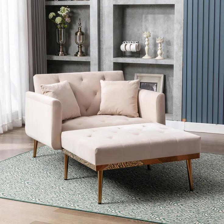 LVHOM Klappsofa mit Schlaffunktion, Schlafsofa Samtbezug mit goldenen Metallbeine, Klappbett Bettsofa Bettcouch, Chaiselounge, Beige