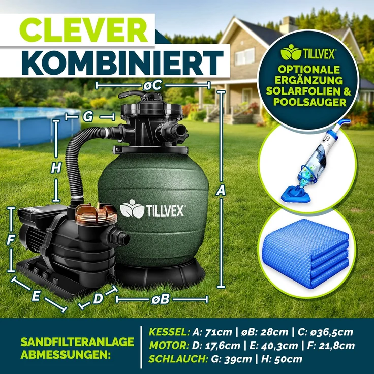 tillvex® Sandfilteranlage Pool Grün 13.200L/h bis 40.000L + 1200g Filterbälle | Filteranlage 7-Wege Ventil & 2in1 Adapter Ø32-38mm | Poolfilter Selbstansaugend | Sandfilter Schwimmbecken – Bild 3