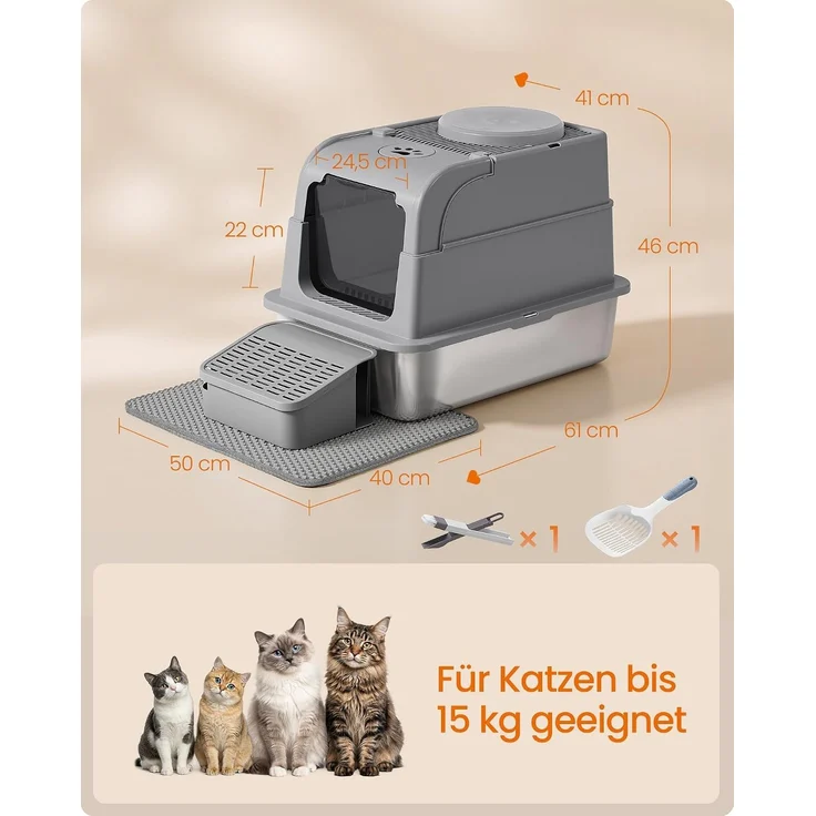 FEANDREA Katzenklo aus Edelstahl, geschlossene Katzentoilette mit Deckel und 2 Eingängen, mit Schaufel und Bürste, dunkelgrau – Bild 5