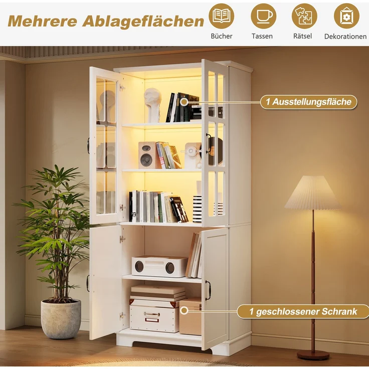 DESVIAE Vitrine mit LED-Beleuchtung und Glastüren 80x180x38 cm Spanplatte Weiß – Bild 5