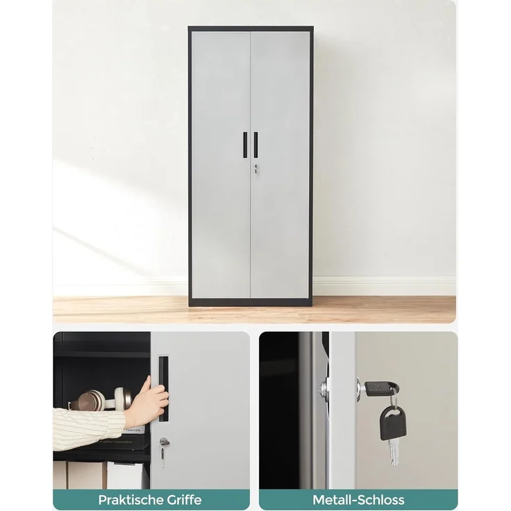 Songmics Aktenschrank, Mehrzweckschrank, Stahl-Aufbewahrungsschrank, 5 Ebenen, Doppeltüren, Schloss, Werkzeugschrank, verstellbare Ablagen, Garage, Büro, Wohnzimmer, silbern-schwarz OMC015S01 – Bild 7