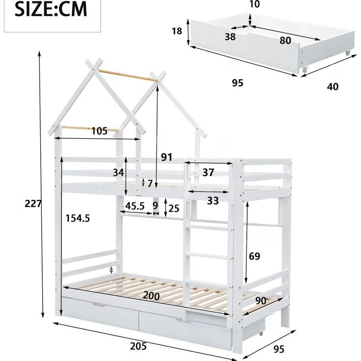 Etagenbett 90x200 cm, Haus-Design in Weiß mit Schubladen, Regalen & Sicherheitsgittern, ohne Matratzen – Bild 10