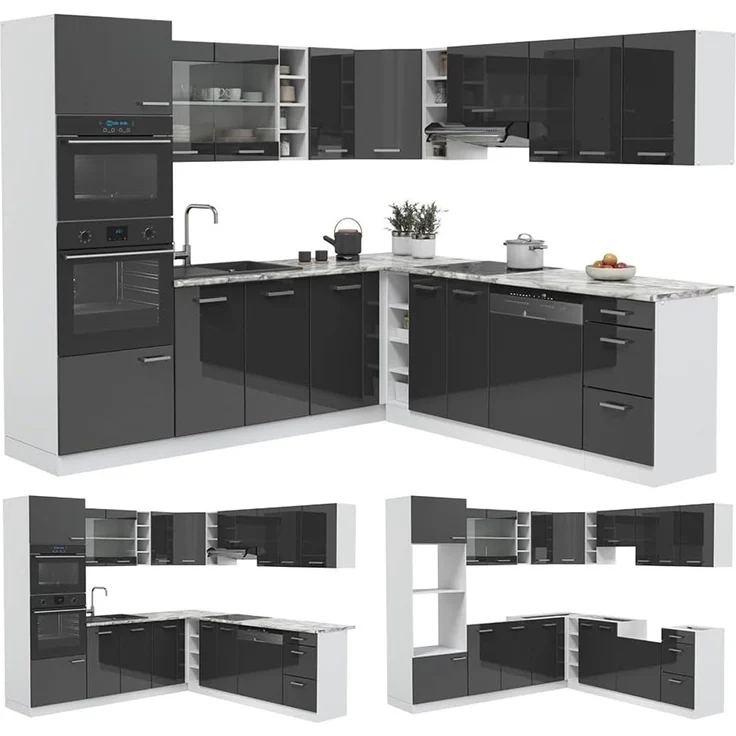 Eckküche R-Line Anthrazit Hochglanz/Weiß 247 x 237 cm, AP Marmor Vicco – Bild 7