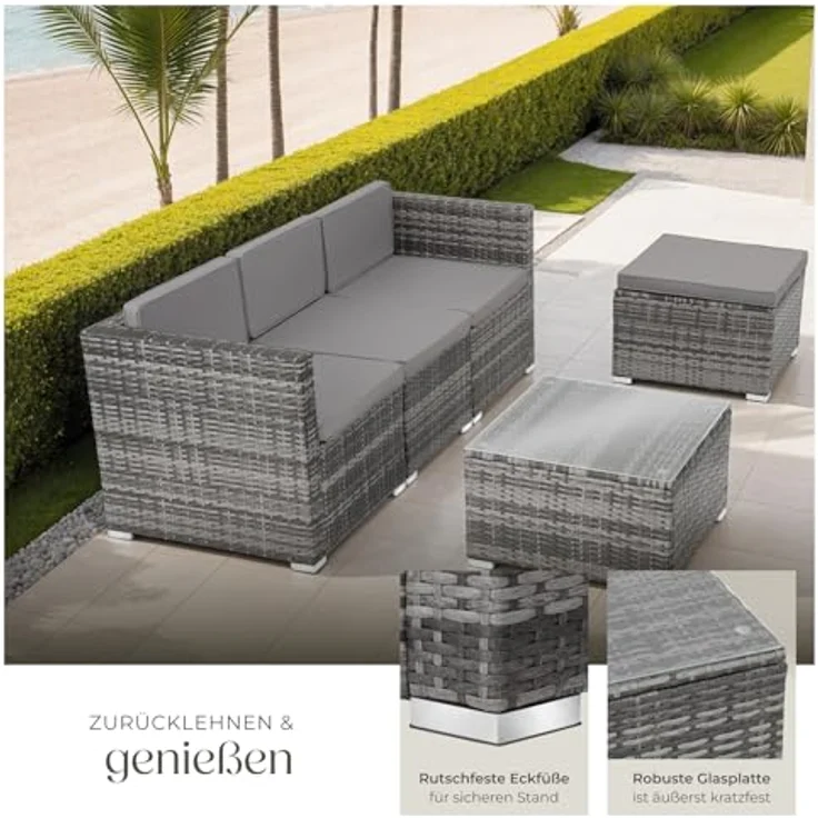 tectake® Poly Rattan Lounge, Outdoor Sitzgruppe, Set mit Sofa Sessel, Hocker, Tisch, frei kombinierbar, Sitzecke für 3-4 Personen, Möbel wetterfest für Garten Terrasse Balkon - grau – Bild 4