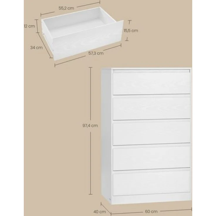 VASAGLE Kommode, Aufbewahrungsschrank, mit 5 Schubladen, für Schlafzimmer, 40 x 60 x 97,4 cm, modern, weiß – Bild 5