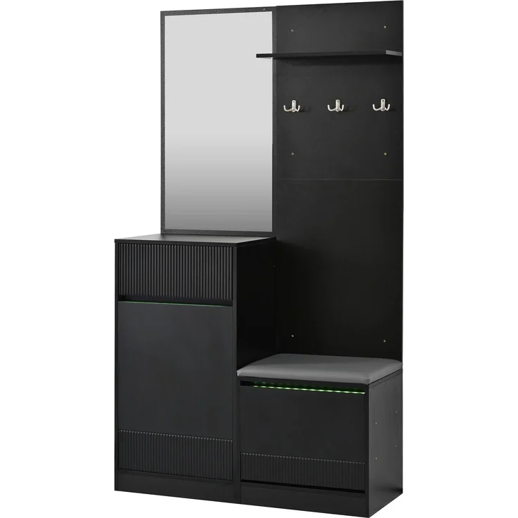 Kompaktgarderobe 105 x 38 x 190 cm in Schwarz mit Spiegel, Sitzbank und LED-Beleuchtung – Bild 6
