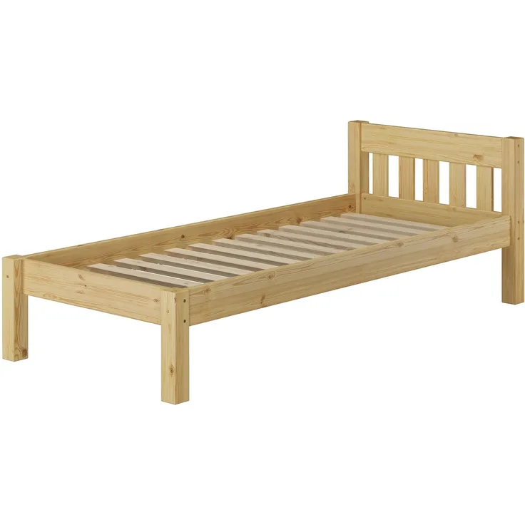 Erst-Holz Einzelbett Natur 90x200 Bett, Rollrost Senkrechte Balken