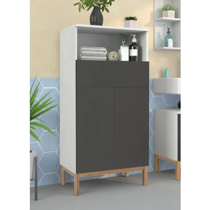 Mirza Midi-Schrank aus Spanplatte, 2 Türen, 1 Schublade, Weiß/Anthrazit/Eicheoptik (BxTxH) 60x35x121 cm – Bild 2