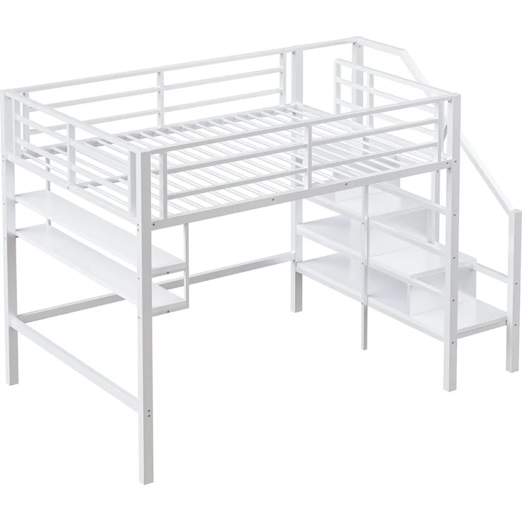 Hochbett mit Lattenrost, 140x200 cm, Metallbett mit Rausfallschutz, Regal, Treppe, Jugendbett, Kinderbett – Bild 8
