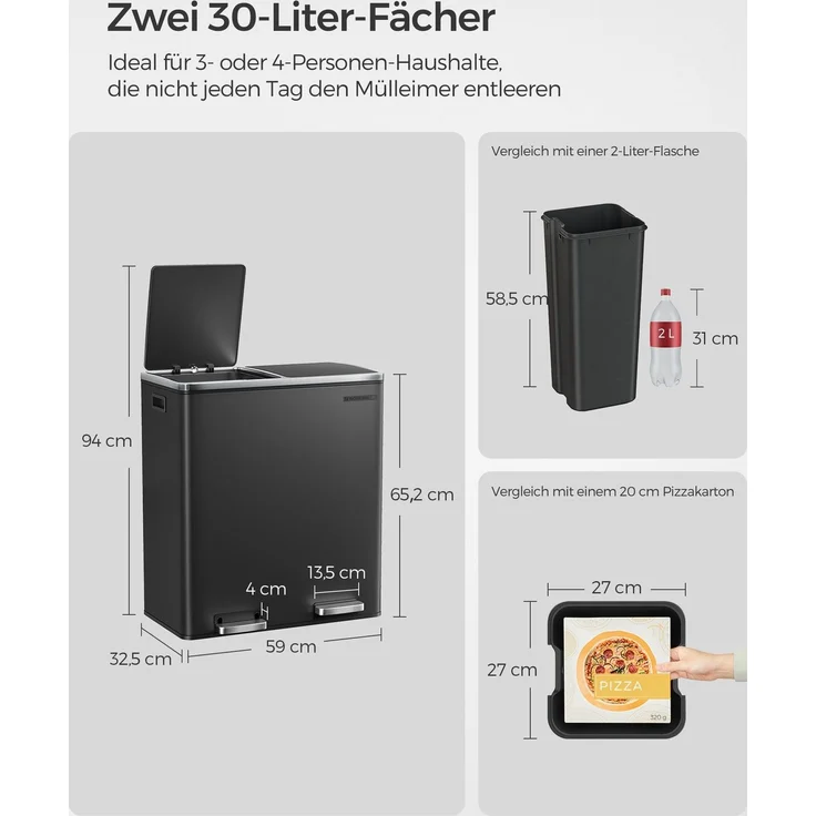 Songmics Mülleimer mit 2 Fächern und Softclose, luftdicht inkl. Müllbeutel, Metall, 60 (2x30) Liter, Schwarz – Bild 3