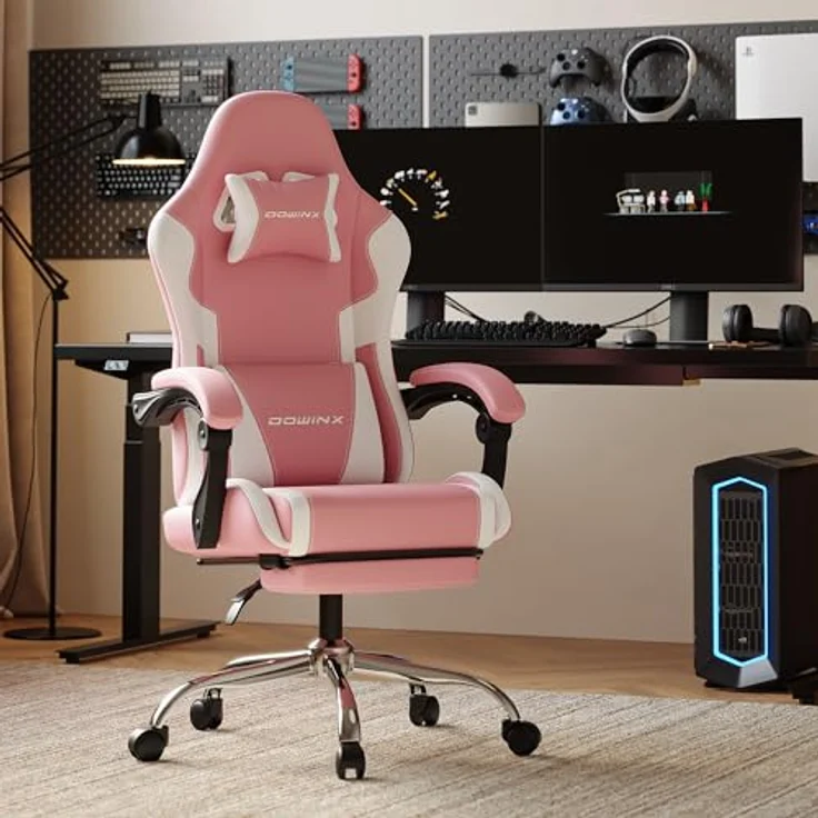 Dowinx Gaming Stuhl, Ergonomischer Gamer Stuhl für Büro und Home Office, Verstellbarer Bürostuhl mit Rückenlehne bis 150°, mit Fußstütze, Belastbar bis 180 kg, Rosa – Bild 2