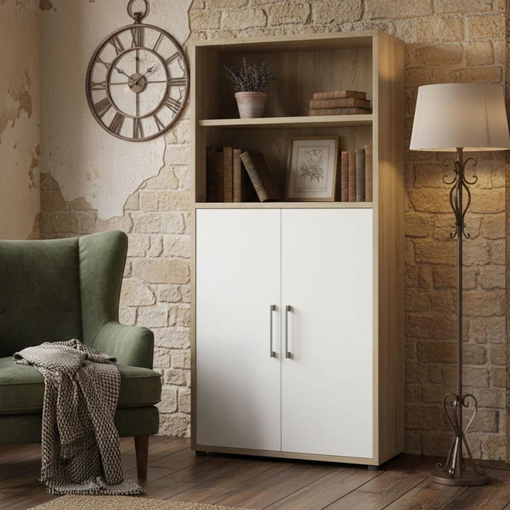 Dmora - Kommode Louna, Wohnzimmerbuffet, Wohnzimmer-Sideboard, Moderne Küchen-Speisekammer, 89x40 h186 cm, Eiche und Weiß