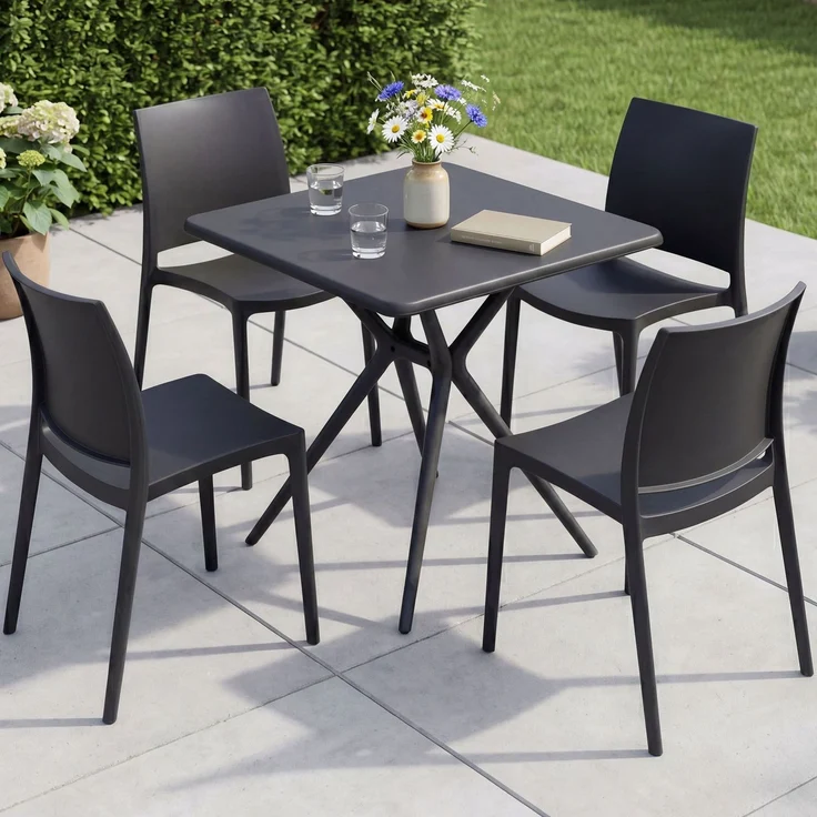 Gartenmöbel-Set GRETA mit 4 Stühlen - 156x156x81cm, Kunststoff, Schwarz | Balkonset Gartenset Tisch mit Stühlen Bistroset Outdoor – Bild 4
