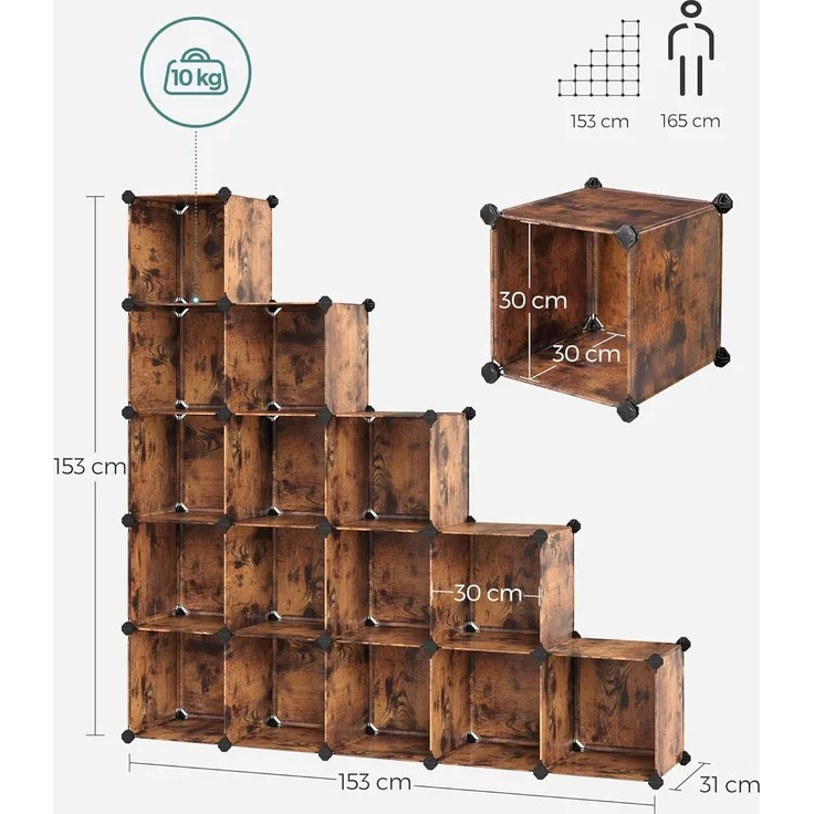 Songmics Schuhregal, Regalsystem, Steckregal, Set aus 16 Würfeln, DIY Regal, stapelbar, aus PP-Kunststoff, als Garderobe, für Schlafzimmer, Büro, 31 x 123 x 123 cm, vintagebraun LPC442A01 – Bild 8