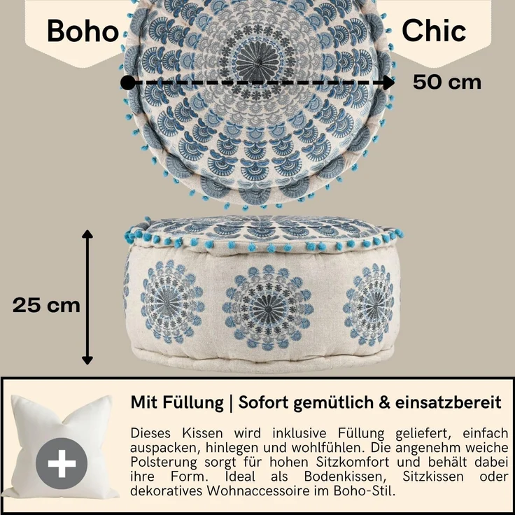 Marrakesch Orient & Mediterran Interior Pouf Pouf Garet Blau, runder Baumwoll-Sitzpouf bestickt 50x25 cm (1-St), Handarbeit – Bild 3