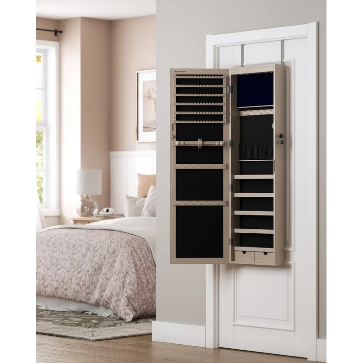 Songmics Schmuckschrank hängend, abschließbarer Spiegelschrank, Wandschrank mit Spiegel und zahlreichen Fächern, Wandmontage, an der Tür hängend, für Ketten, Ohrringe, eichefarben – Bild 2
