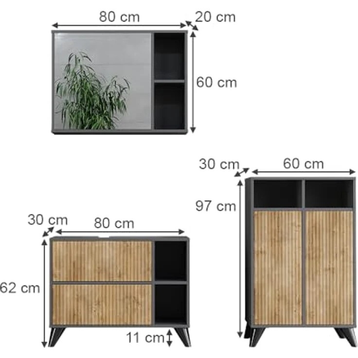 Vichy Badmöbel-Set Leano, Waschbeckenunterschrank und Spiegelschrank, Anthrazit/Bergeiche, 80 cm, Set 2 – Bild 3
