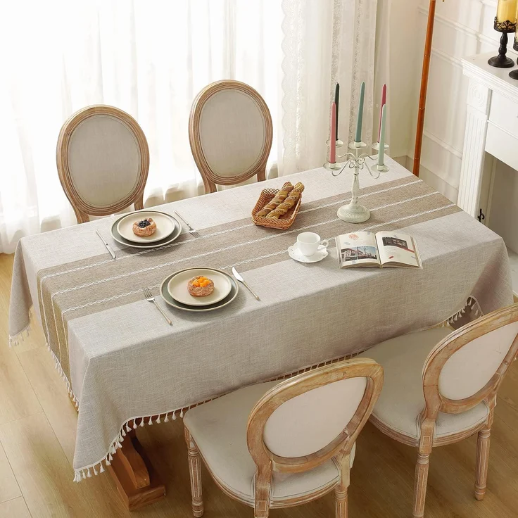 Laolitou Rustikale Baumwoll-Leinen-Tischdecke, Tischdecken für rechteckige Tische, wasserdicht, waschbar, mit Quaste, rechteckig/länglich, 140x213 cm, 6–8 Sitze – Bild 2