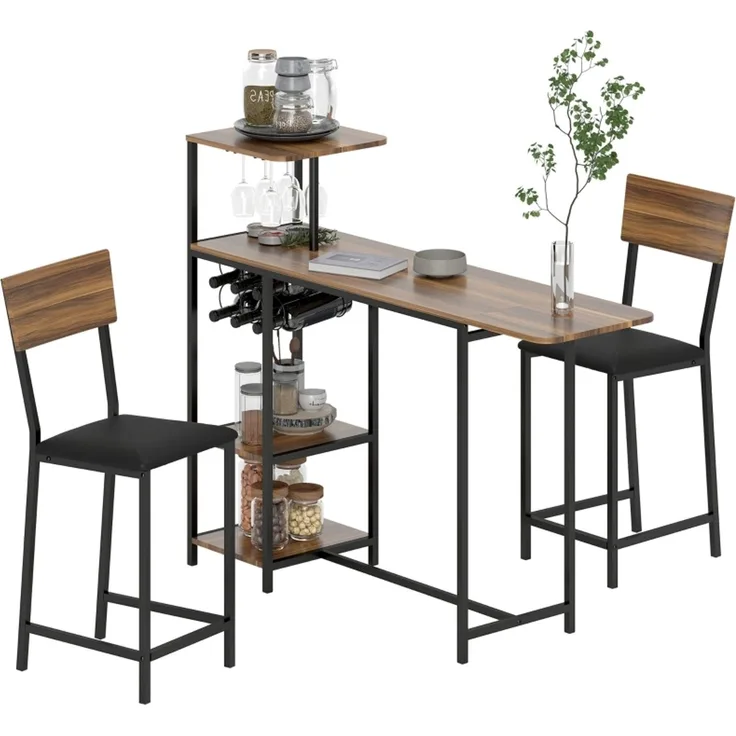 Bartisch mit Barhocker Set, 3-tlg, Bartisch-Set mit Klappbar Küchentisch, Weinglashalter Weinregal Ablage 2 Barstühlen, Stahlrahmen, im Modern, Essgruppe für Esszimmer, Küche, Braun--Braun--140x40x116cm--YOUDENOVA