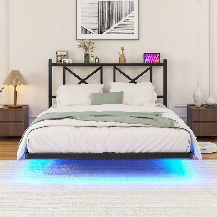Homerecommend Schwebebett 120x200 cm, Bettrahmen mit LED-Beleuchtung, Steckdose und 2 USB-Anschlüssen, Vintage Schwarz – Bild 5