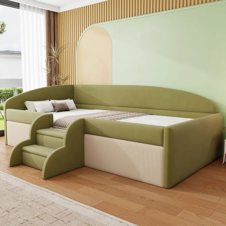Kinderbett 90×190 cm mit Samt,Colorblock-Design,Schutzgitter & rutschfesten Stufen,gepolstertes Juniorbett,Dunkelgrün & Cremeweiß – Bild 2
