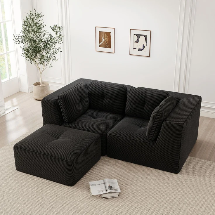 EINHOM Modulares und konfigurierbares Ecksofa, zweisitziges, rahmenloses L-förmiges Sofa mit beweglicher Fußstütze, bequemer Cordstoff, geeignet für Wohn- und Schlafzimmer, Schwarz – Bild 4