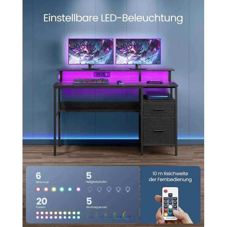 VASAGLE Schreibtisch mit Stoff-Schubladen, Computertisch mit Monitorständer, LED-Beleuchtung, 55 x 135 x 90 cm, eingebaute Steckdosen, 2 USB-A-Anschlüsse, für Homeoffice, ebenholzschwarz LWD094B56 – Bild 4