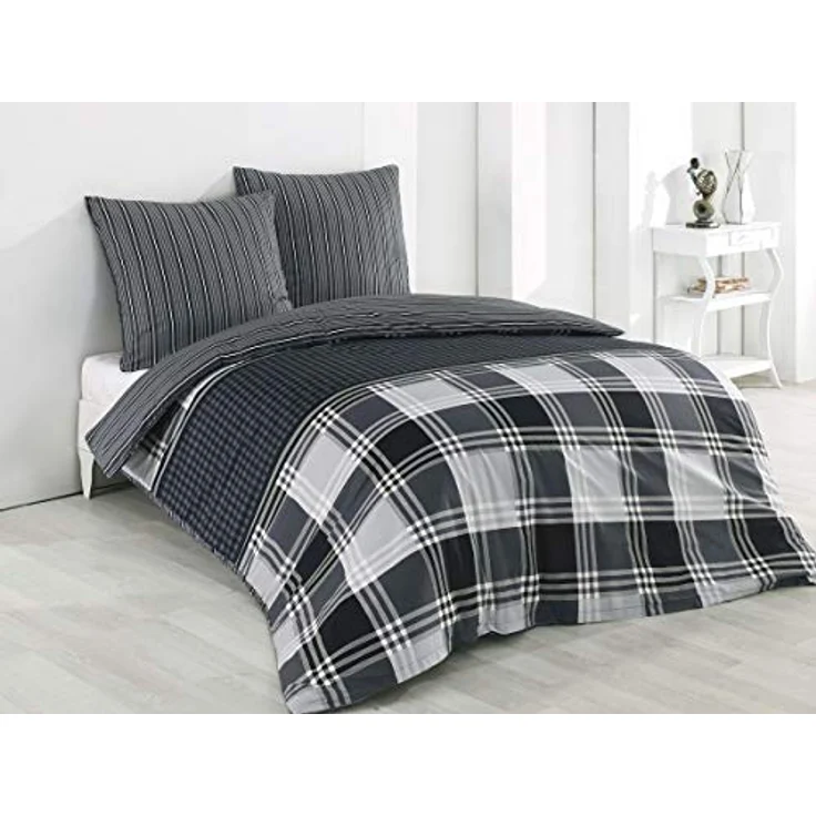 Buymax Bettwäsche Wendebettwäsche, Bettbezug-Set, 100% Baumwolle Renforce, 3 teilig, 200x220 cm, Reißverschluss, hochwertig, Grau, Anthrazitgrau – Bild 2