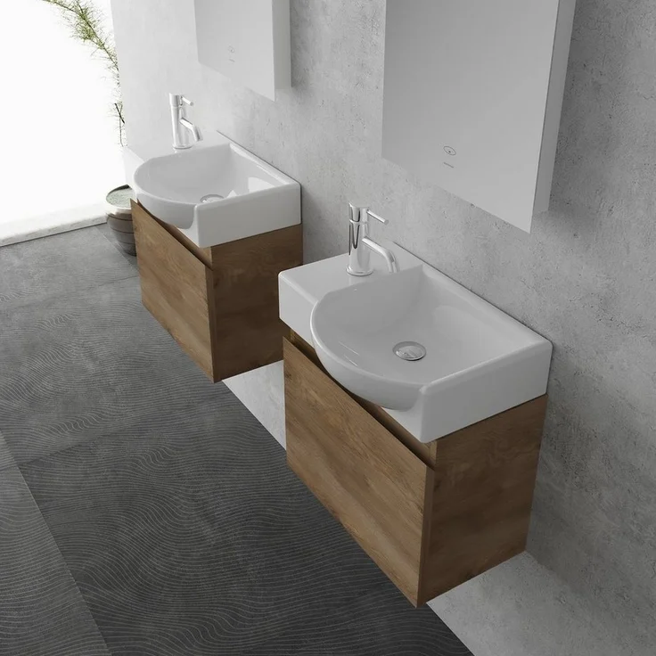 Alpenberger Badmöbel-Set - Gäste WC Waschbecken mit Unterschrank 45 cm Breit, (Badschrank 2-tlg, Waschtisch hängend), Waschbeckenunterschrank mit Softclose - Farbe Eiche - Rechts Becken – Bild 2