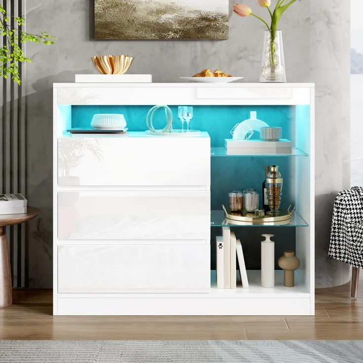 Sideboard 90 x 35 x 80 cm mit 3 Schubladen, Glasböden und LED-Beleuchtung – Weiß Hochglanz – Bild 3