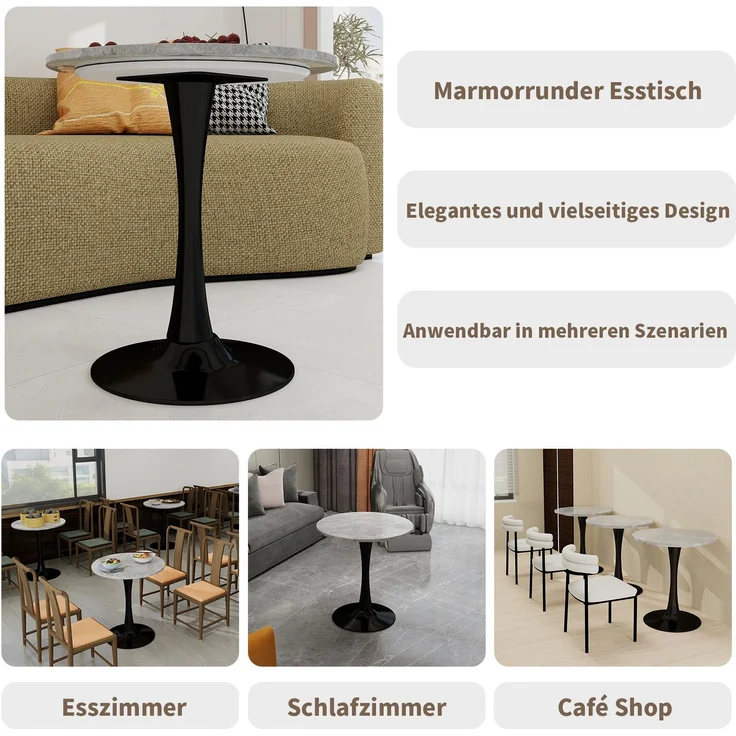 Couchtisch 70cm×70cm×72cm aus Kunstmarmor, rund, modern-minimalistisch, Schwarz/Grau – Bild 8