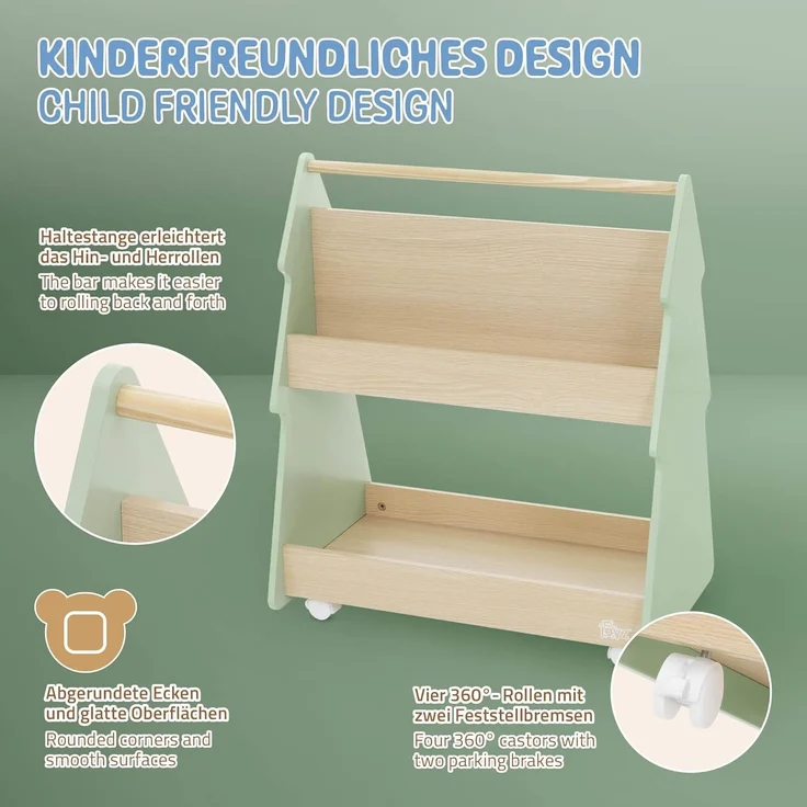 Joyz Spielzeugtruhe Kinderregal Kindermöbel Kinderzimmerregal Spielzeug Spielzimmer Möbel, Tanne Bücherregal mit 3 Ablagen & 4 Rollen MDF / Kiefer – Bild 5