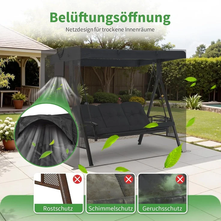 M MCombo Hollywoodschaukel Abdeckung 2-3 Sitzer, Abdeckplane Wasserdicht & UV-Beständig für Gartenschaukel 8003 8007, Reißfeste Schutzhülle 4001 (Oxford, Schwarz) – Bild 7