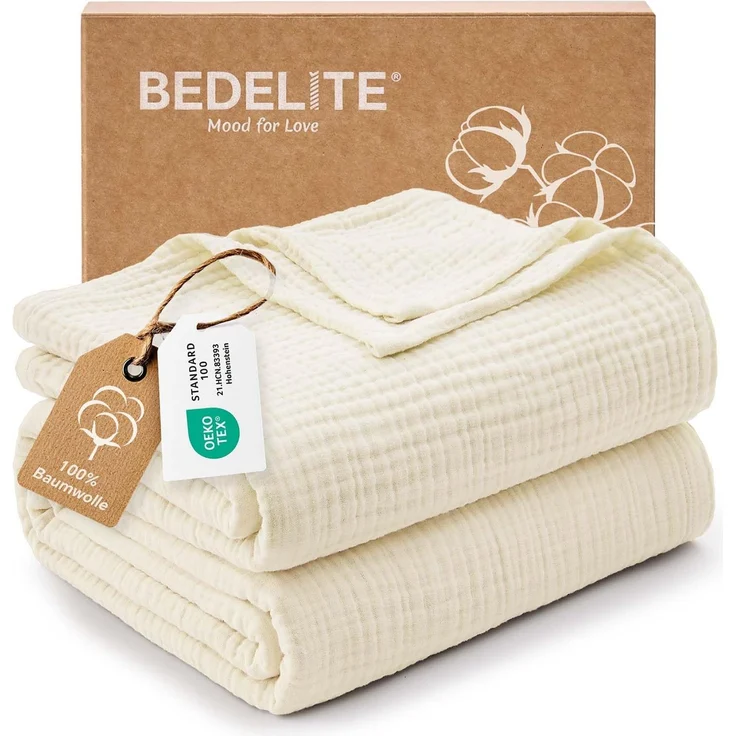 BEDELITE Musselin Decke 230x230 cm Erwachsene Tagesdecke Baumwolle, Creme