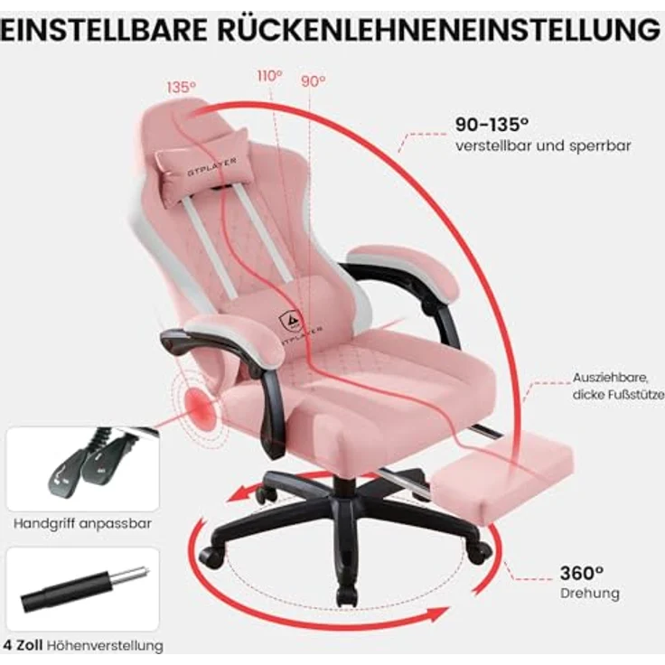 GTPLAYER Gaming Stuhl Stoff, Gaming Sessel mit Taschenfederkissen, ergonomischer Drehstuhl, Gamer Stuhl mit Fußstütze150 kg Belastbarkeit, Rosa – Bild 4