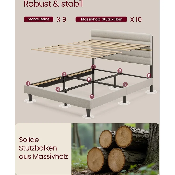 VASAGLE Bettgestell, Doppelbettgestell, passend für 160 x 200 cm Matratze, verstellbares gepolstertes Kopfteil, modern, beige – Bild 5
