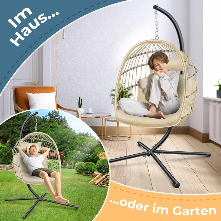 KESSER® Hängesessel Jungle mit Gestell Stahl Hängekorb Sessel Inkl. Großen Kissen + Decken Halterung - Hängeschaukel Hängesitz Indoor - Outdoor Schaukel Hängestuhl für Kinder und Erwachsene Beige – Bild 3