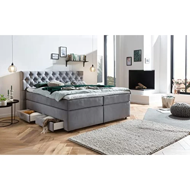 Belanoti Boxspringbett Lara (Boxspringbett 160x200 mit vier Schubladen Stauraum, 7-Zonen Taschenfederkern Matratze inklusive Visco Topper), Bett 160x200 mit Bettkasten in der Farbe Hellgrau H2/H3 Polsterbett – Bild 3